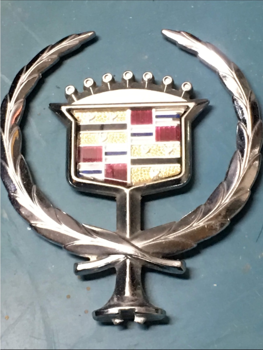 Cadillac Crest Hood Ornament Emblem - Silver with Red, Blue & Gold Shield